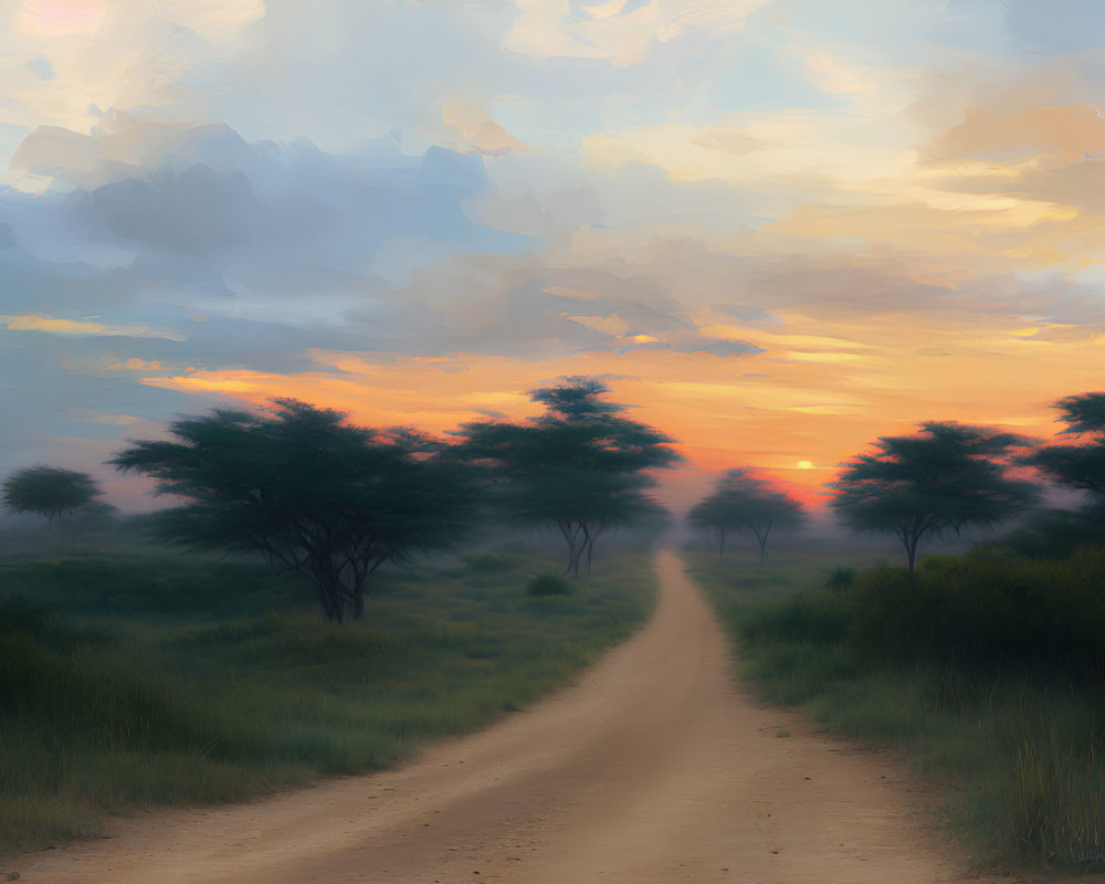 Tranquil dirt road through savannah with sparse acacia trees at sunset