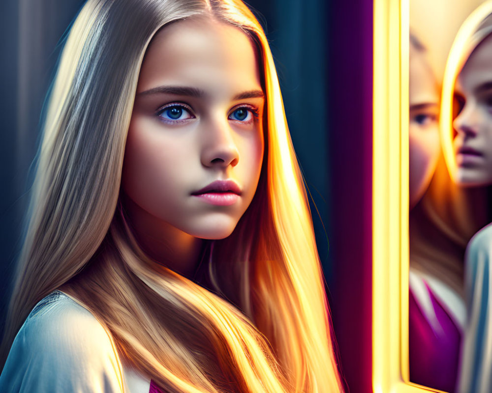 Blonde Girl with Blue Eyes in Mirror's Neon Glow