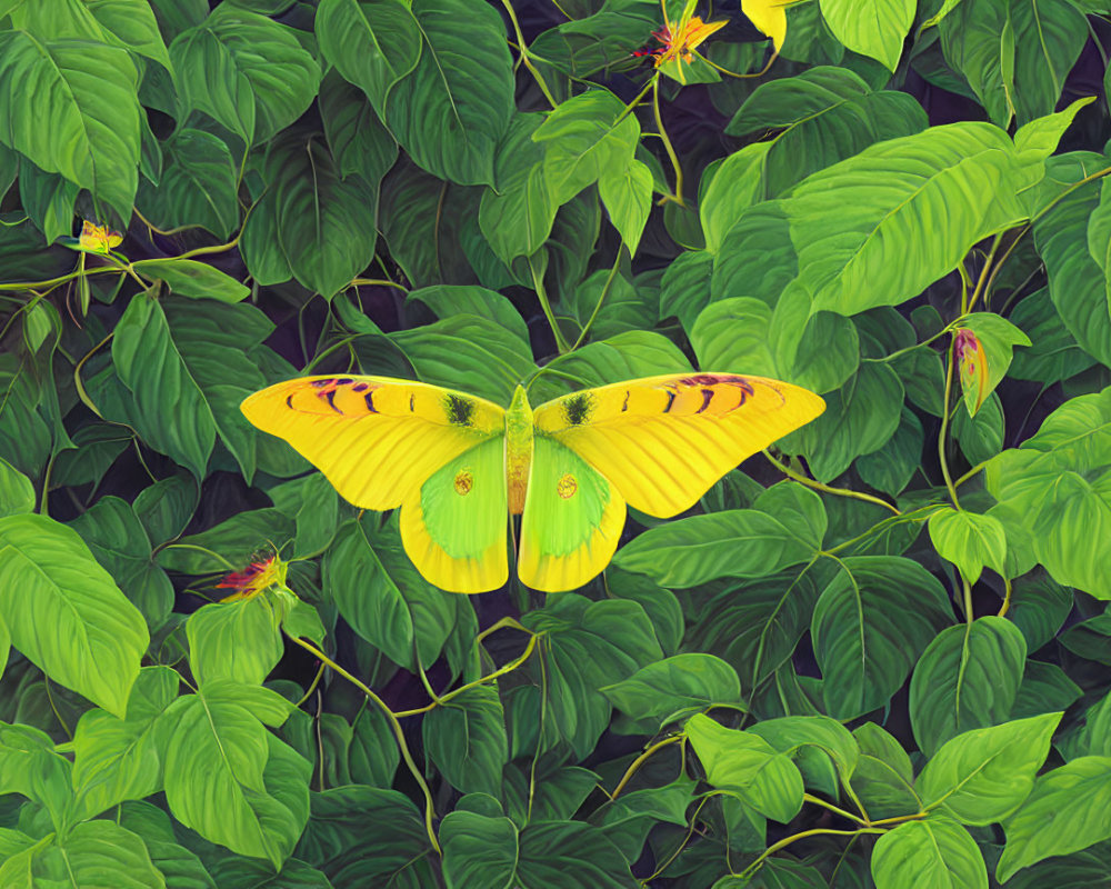 Yellow Butterfly with Black Stripes on Green Leaves and Flowers