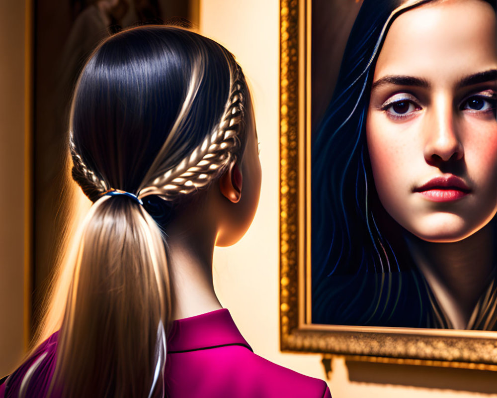 Young woman with braided hair gazes at reflection in framed mirror in magenta top