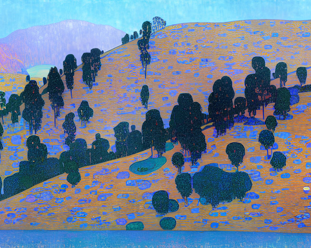 Figures Walking on Hilly Landscape with Trees in Pointillist Style