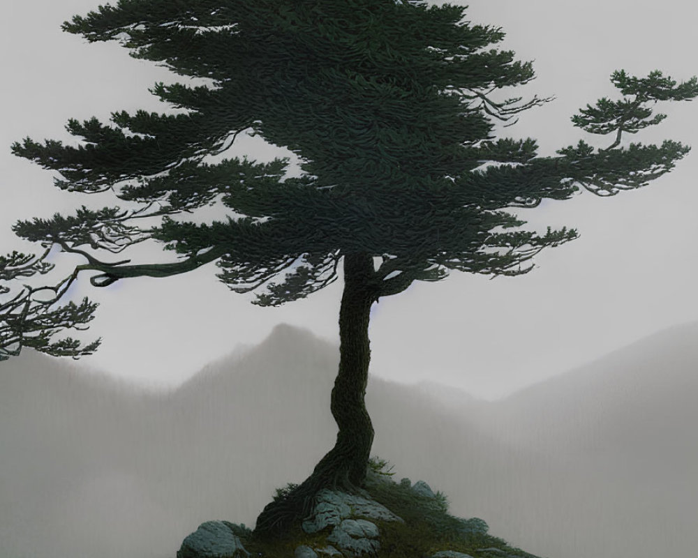 Serene landscape: solitary tree on rocky outcrop under full moon