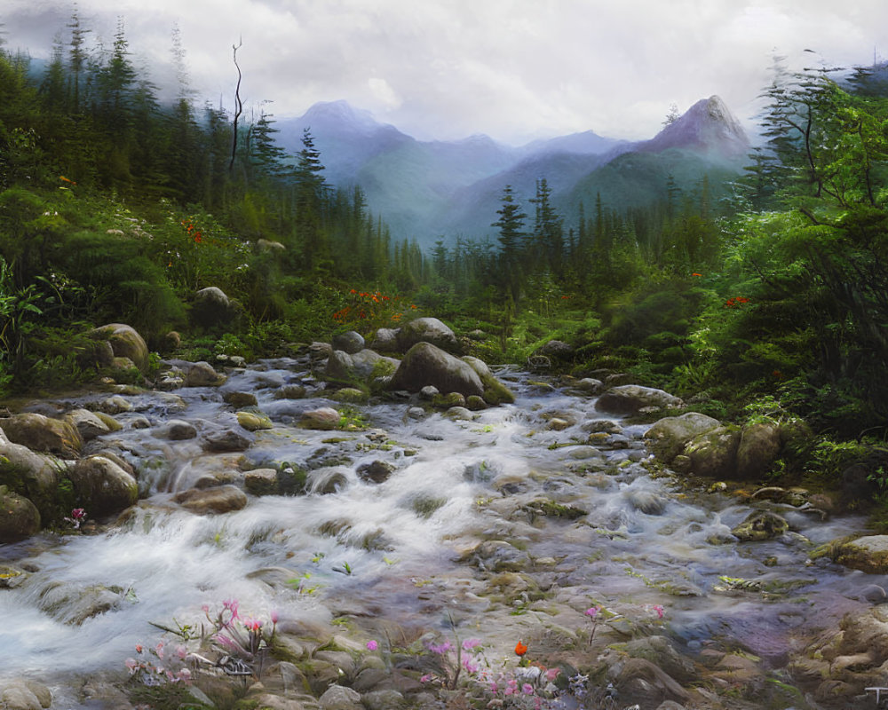 Tranquil mountain landscape with river, rocks, wildflowers, and misty peaks