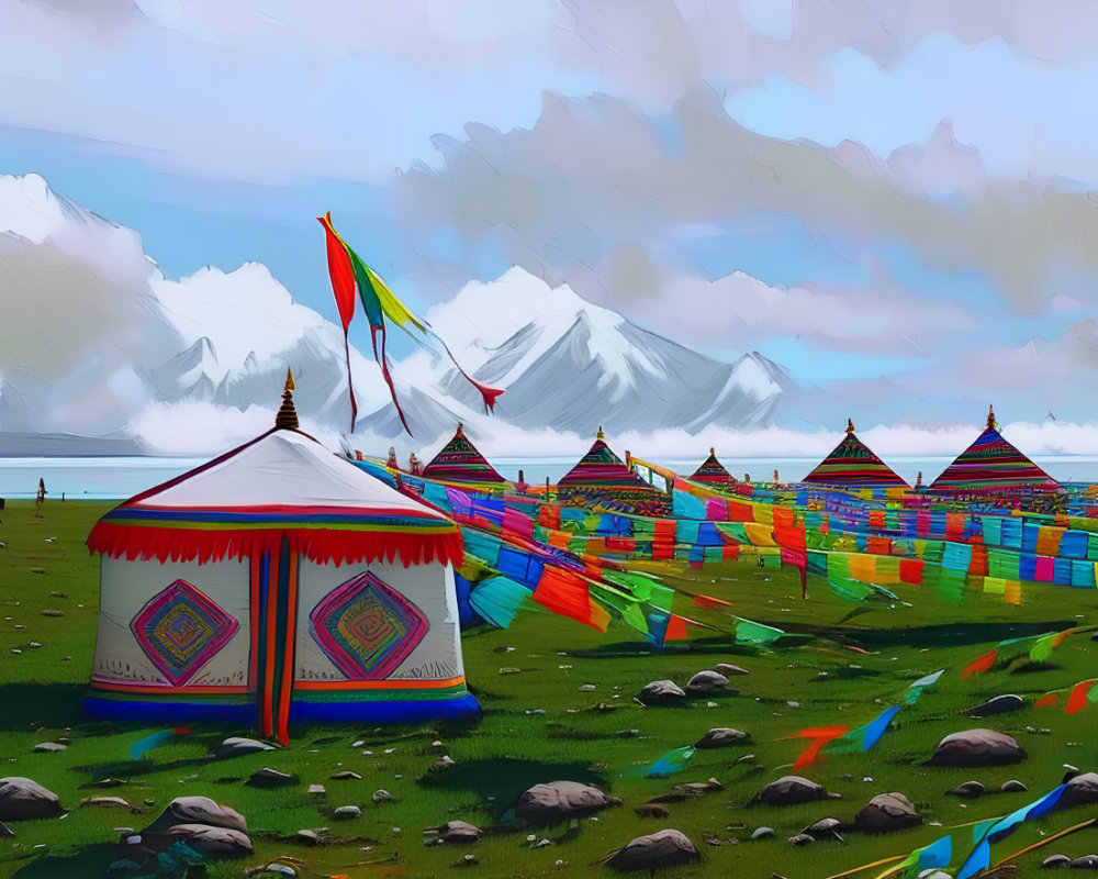 Vivid Tibetan prayer flags over green field and mountains