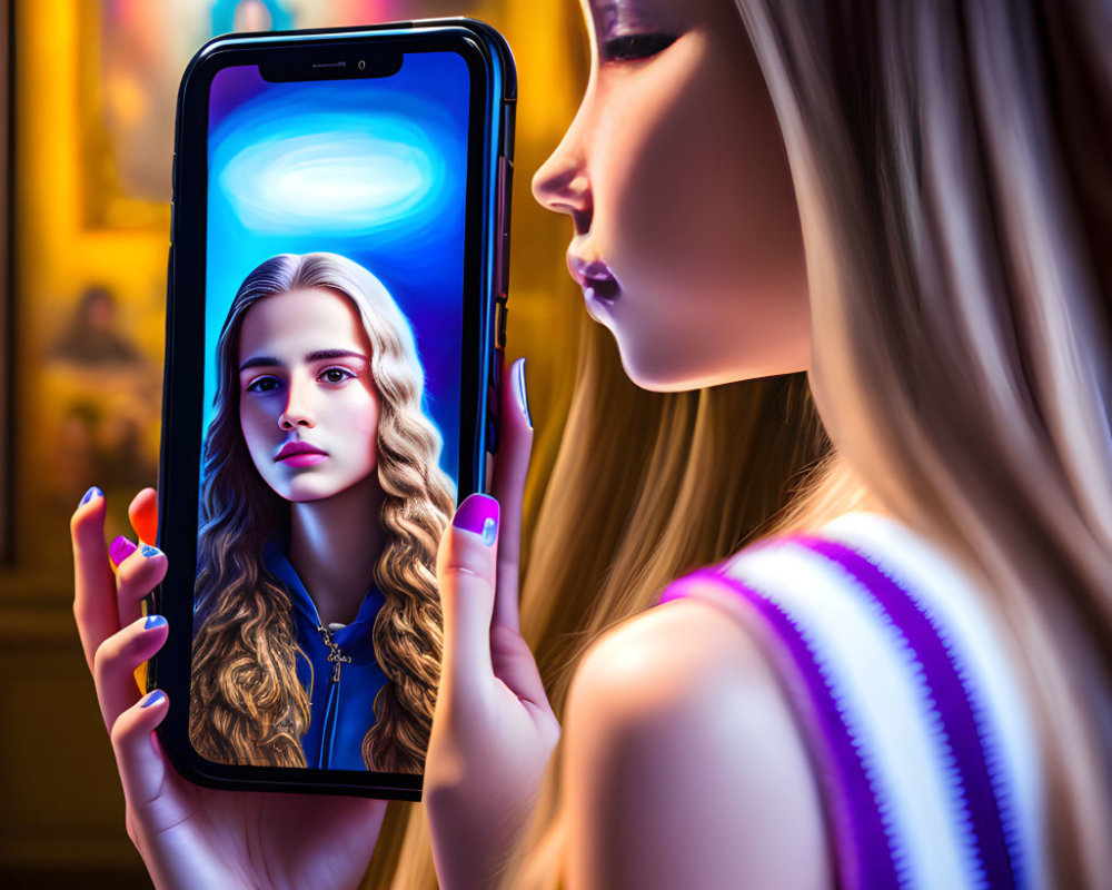 Woman aligns reflection with altered digital doppelgänger on smartphone screen