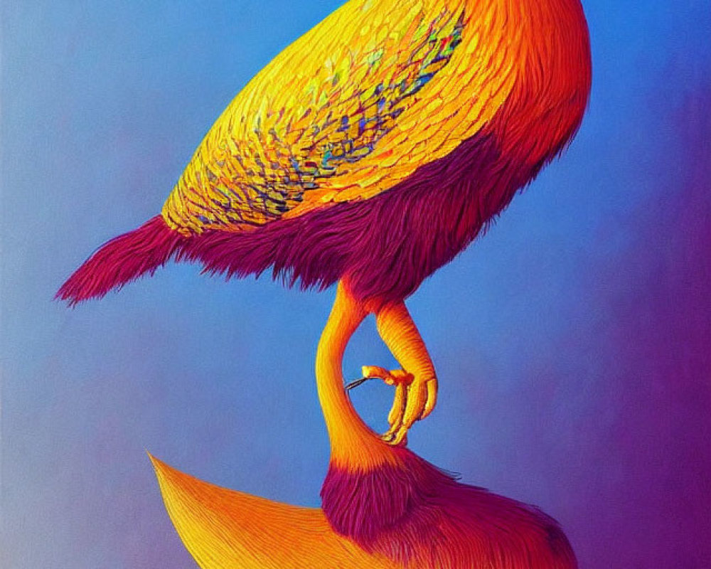 Colorful Bird Illustration with Exaggerated Feathers and Reflection