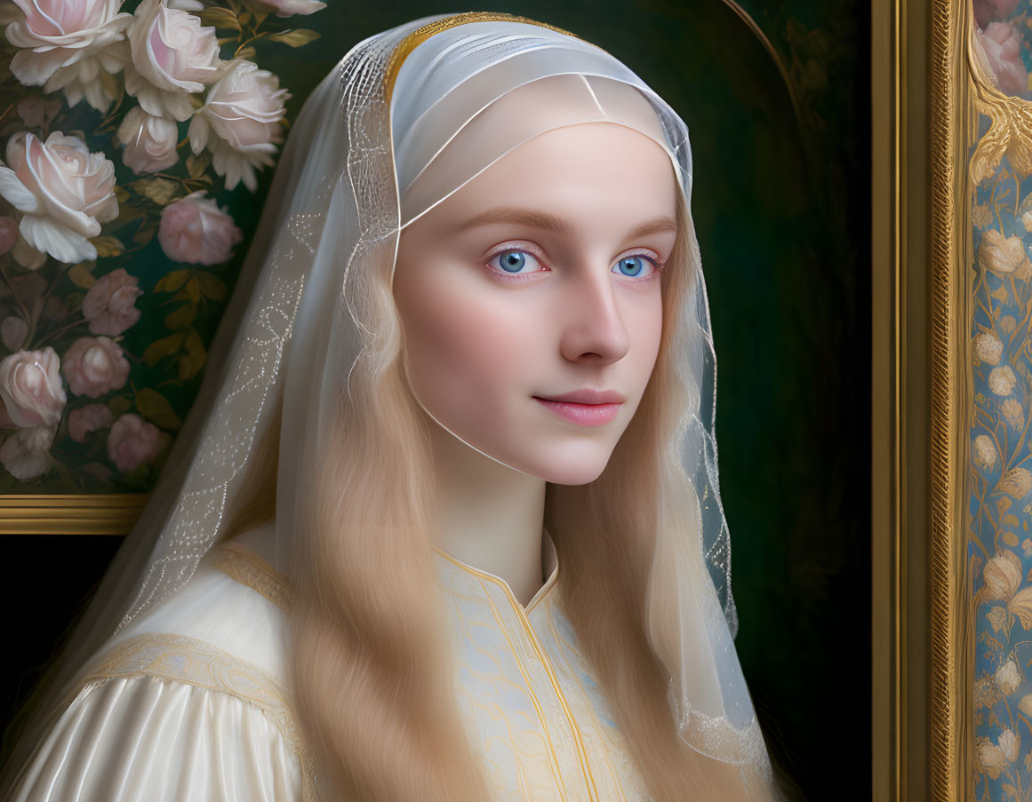 Portrait of woman with blue eyes and blonde hair in white veil and yellow dress with floral and gold frame