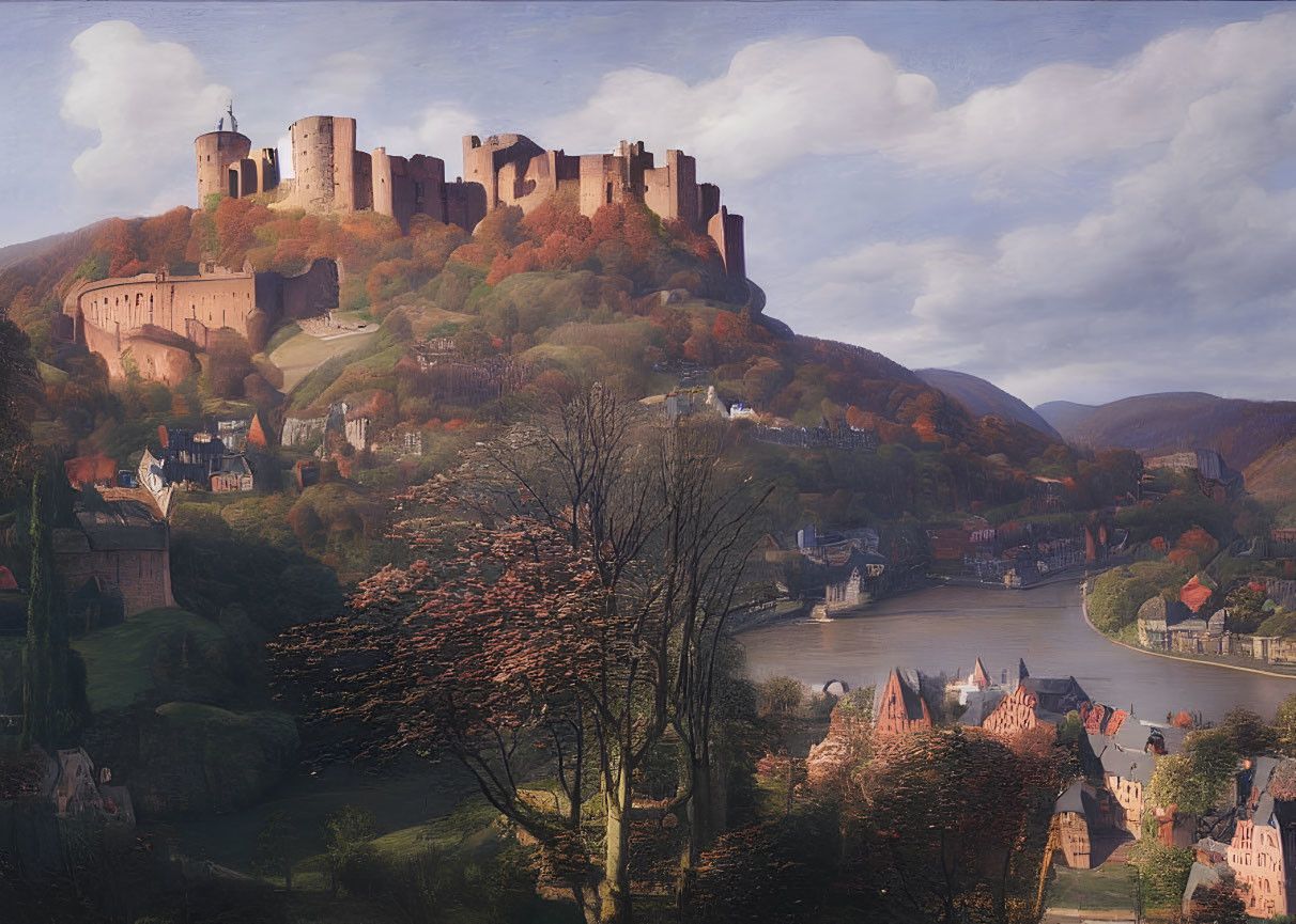 Scenic painting of grand castle overlooking river and medieval town amid autumn forests.