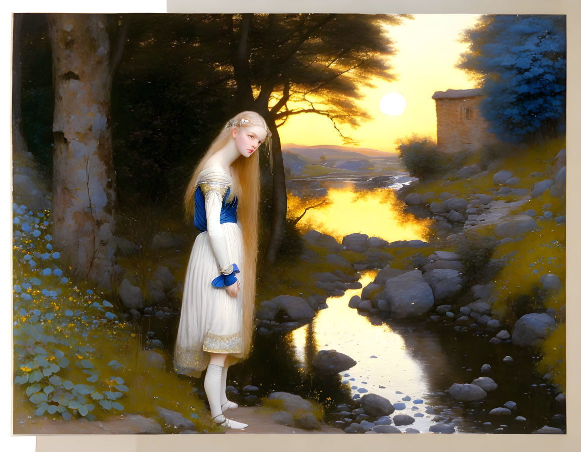 Medieval woman by stream in tranquil forest at sunset