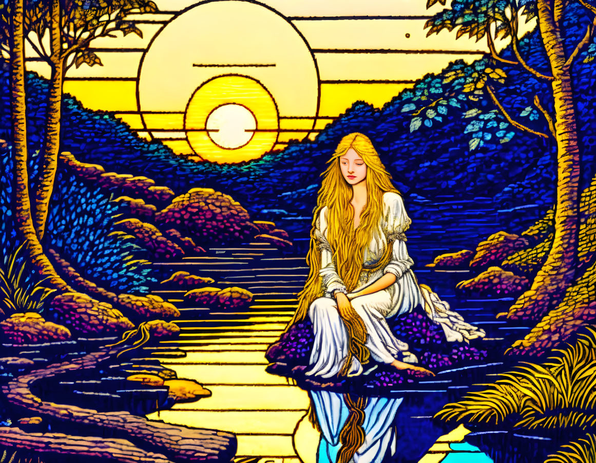 Woman with Long Hair Sitting by Creek in Vivid Forest Sunset