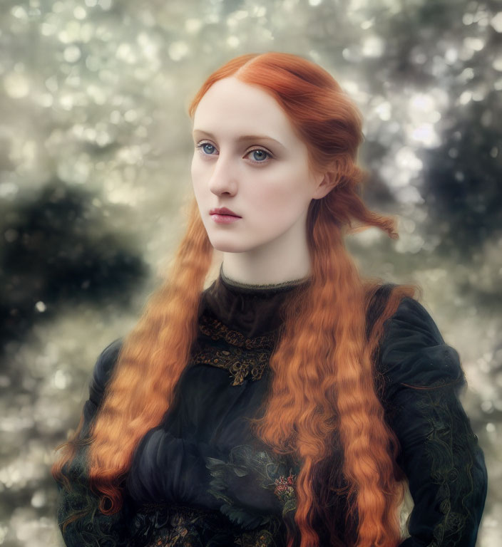 Portrait of a woman with long red hair in vintage black dress