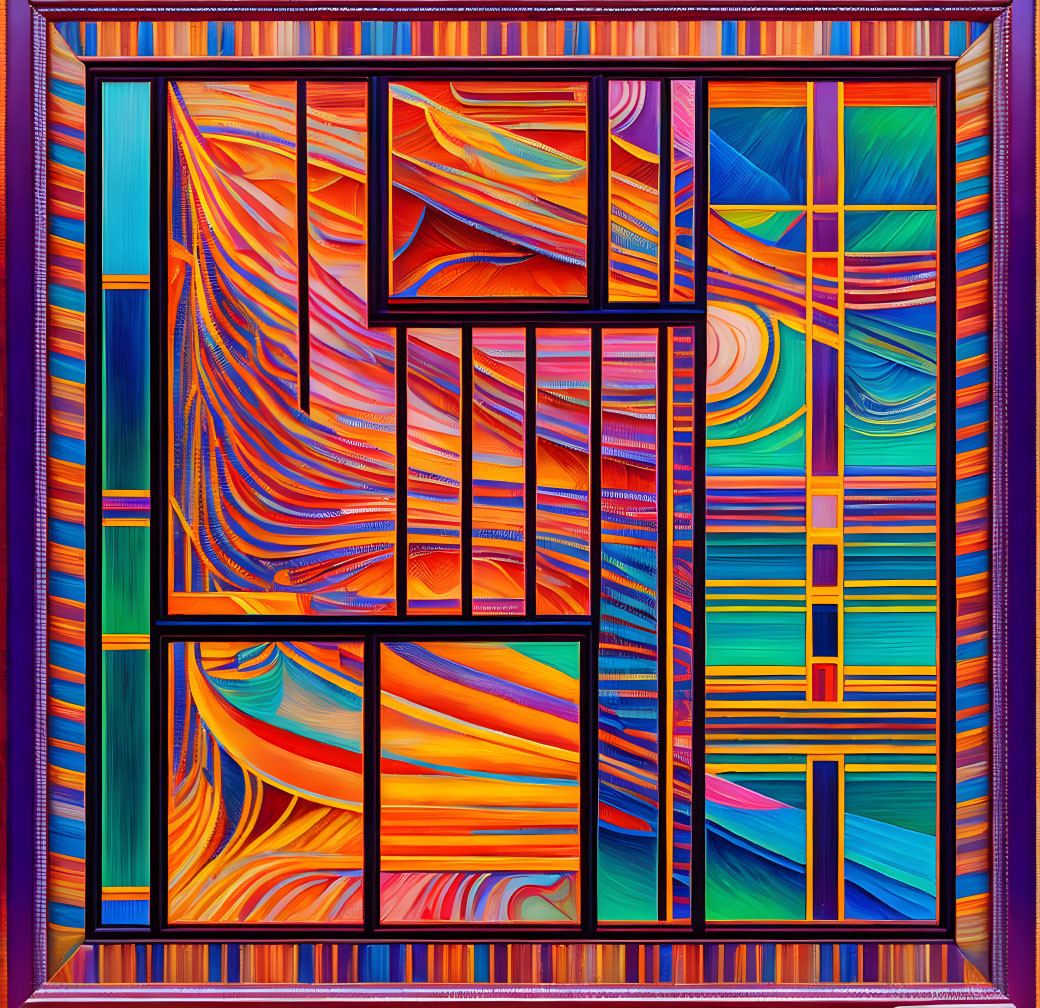 Colorful abstract art: geometric pattern, swirls, waves, diverse colors in intricate black grid