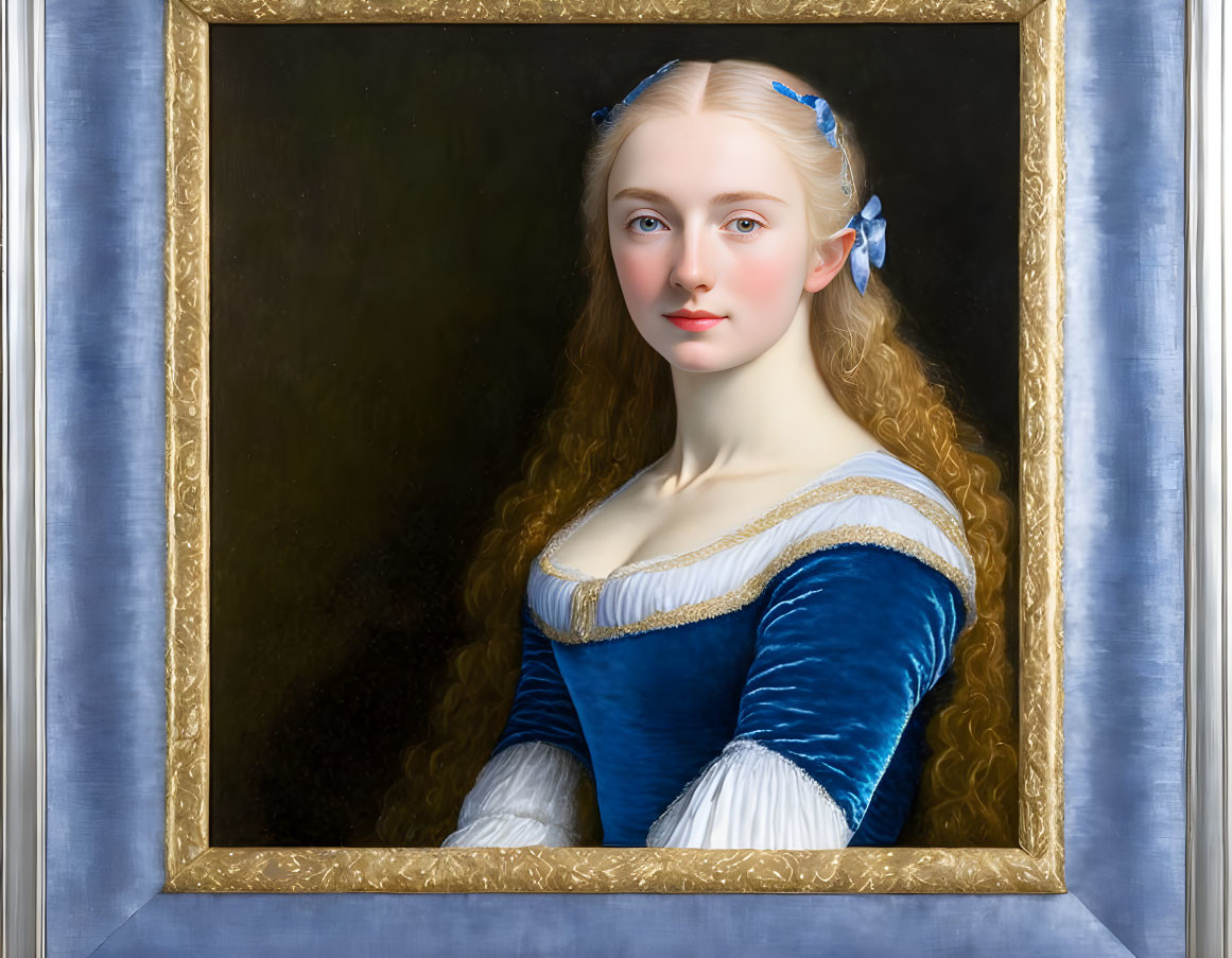 Portrait of young woman in blue dress with gold frame