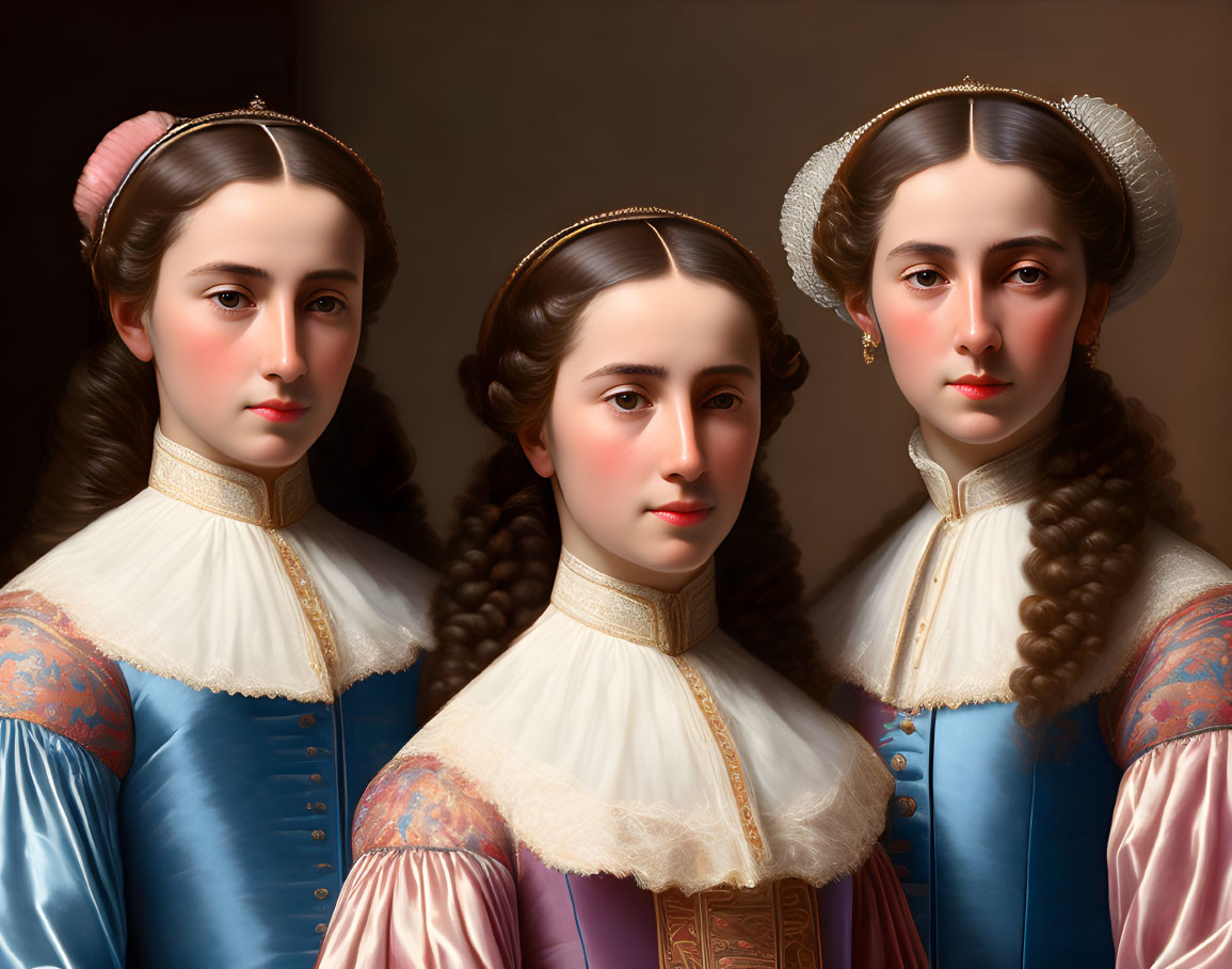 Three young women in historical dress with intricate hairstyles and serene expressions.