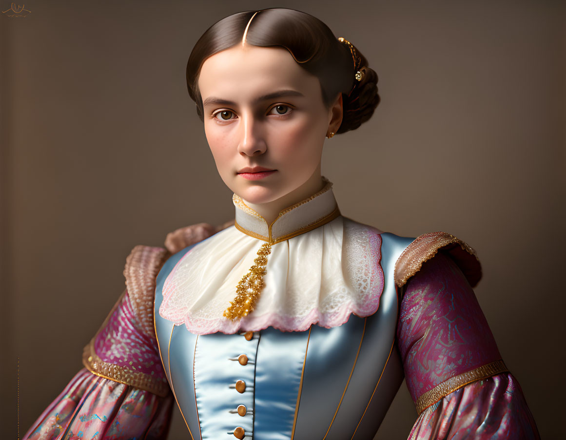 Victorian woman digital painting in blue bodice & pink sleeves