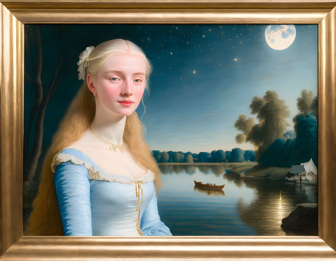 Surreal portrait of woman with night backdrop and scenic elements