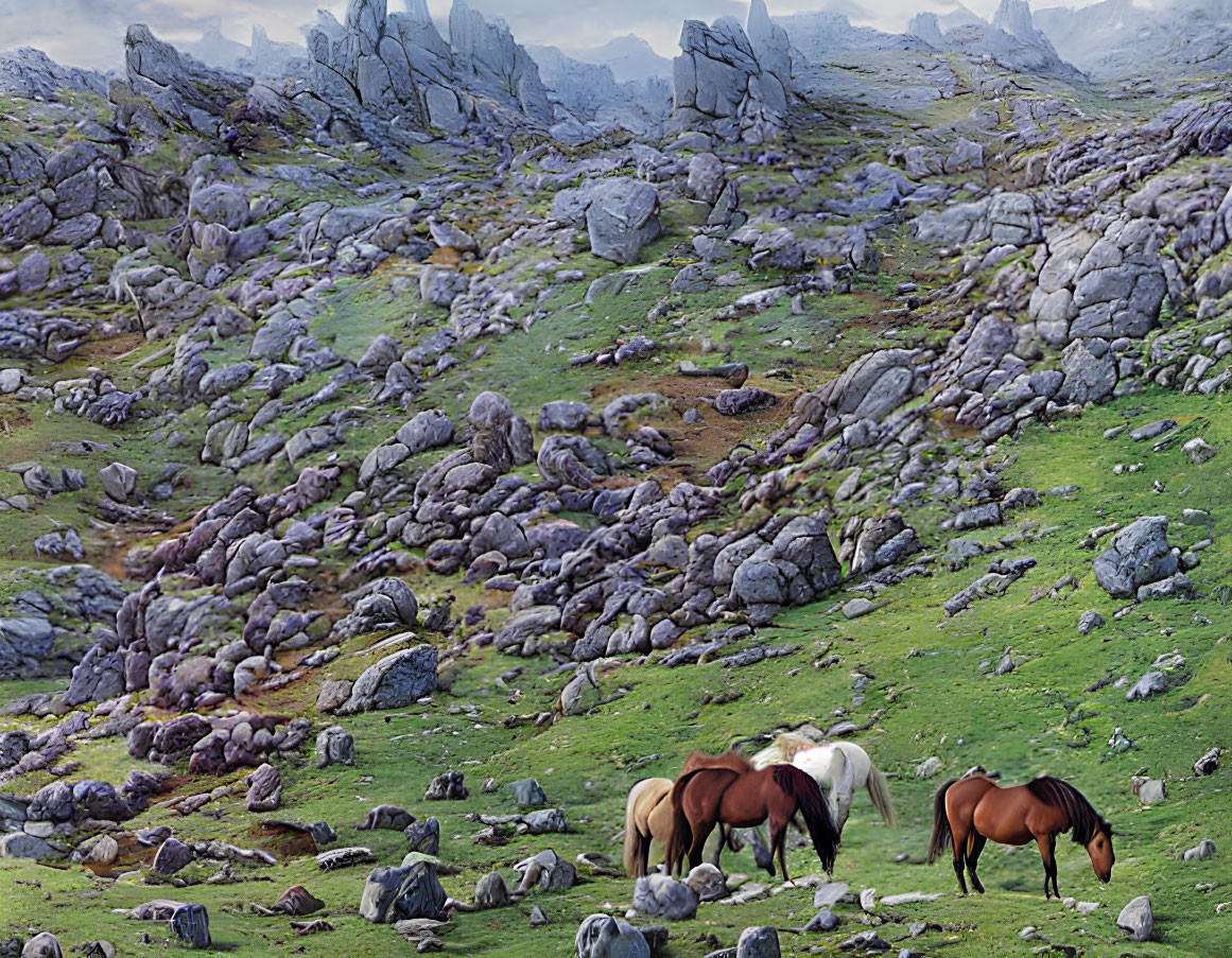 Horses grazing on rocky terrain under cloudy sky