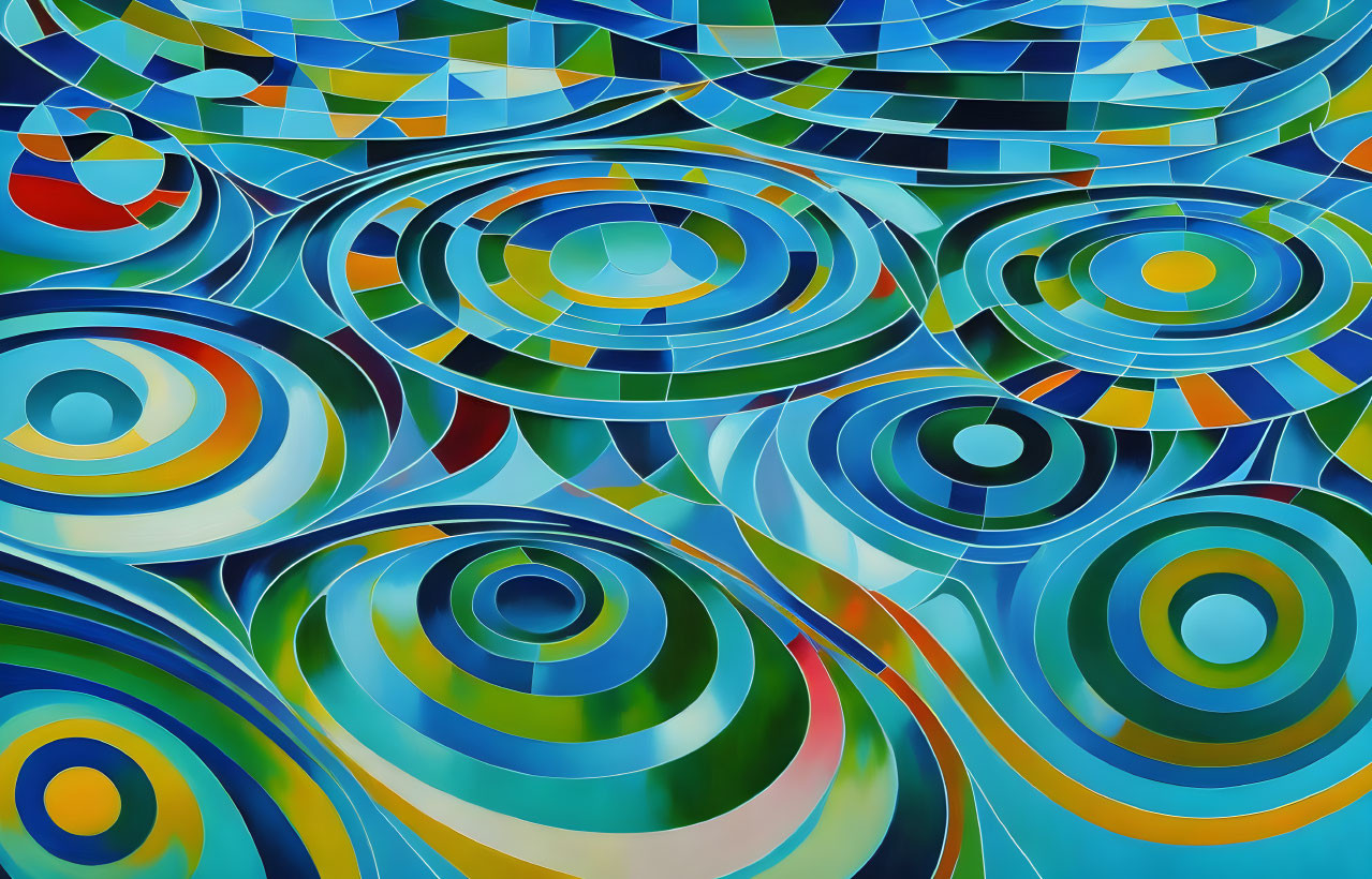 Vibrant abstract art with concentric circles and wavy lines in blue, green, yellow,