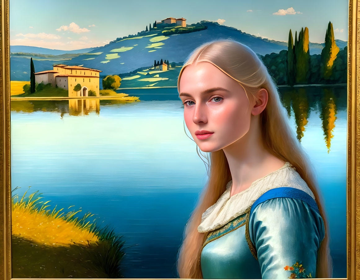 Young woman in historical attire against serene landscape