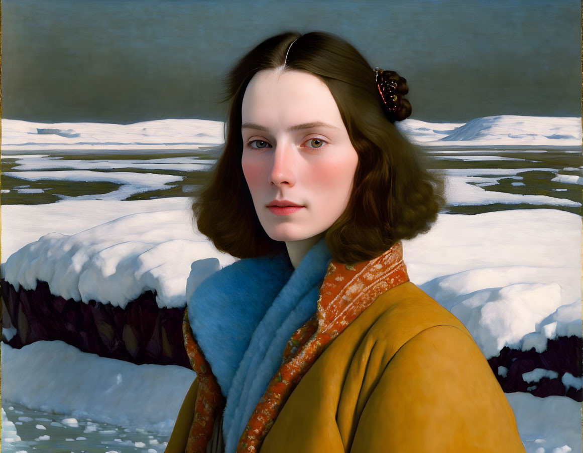 Young woman in yellow coat against snowy landscape