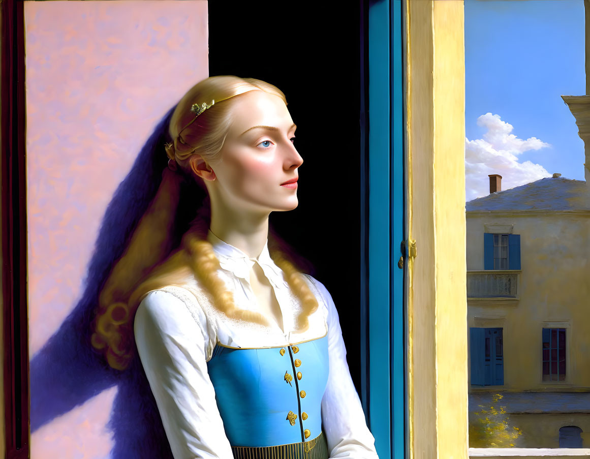 Blonde woman in blue dress gazes out open window on sunny day