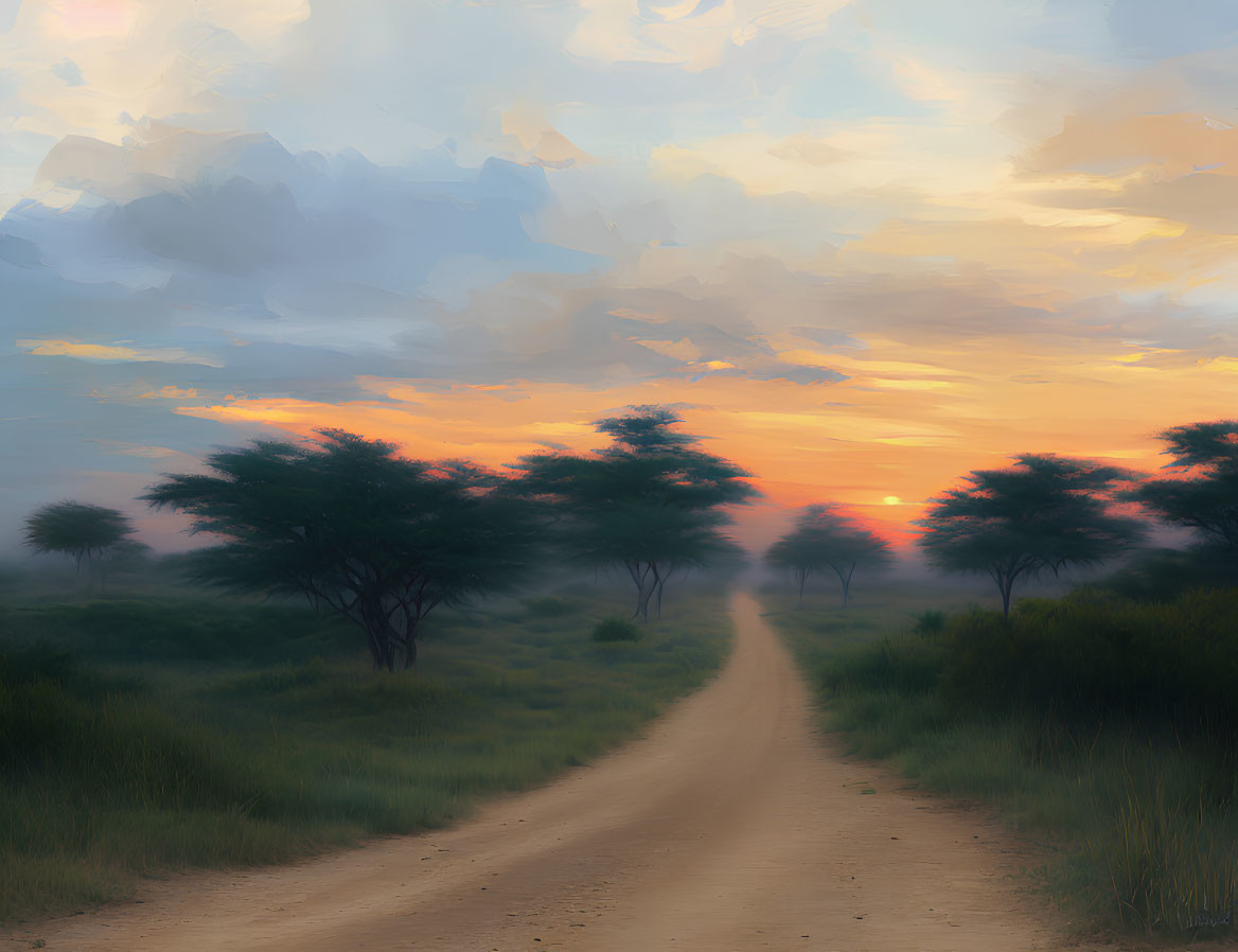 Tranquil dirt road through savannah with sparse acacia trees at sunset