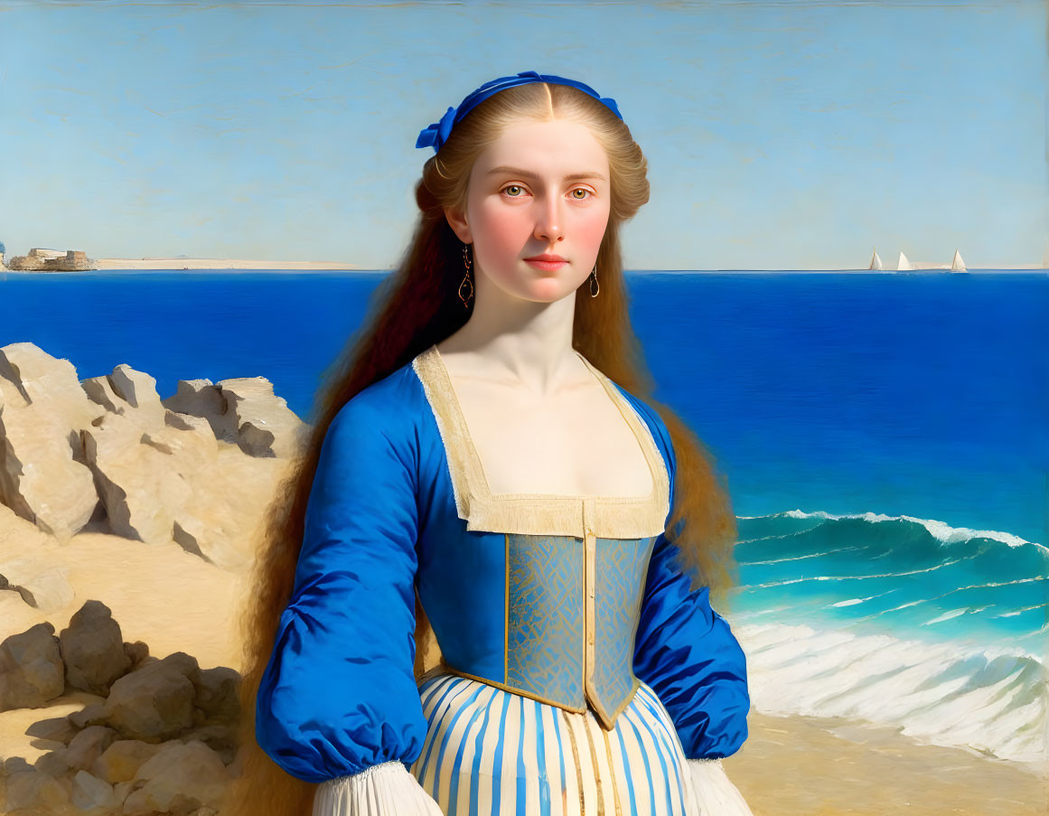 Classic Painting: Woman in Blue Dress by Seaside