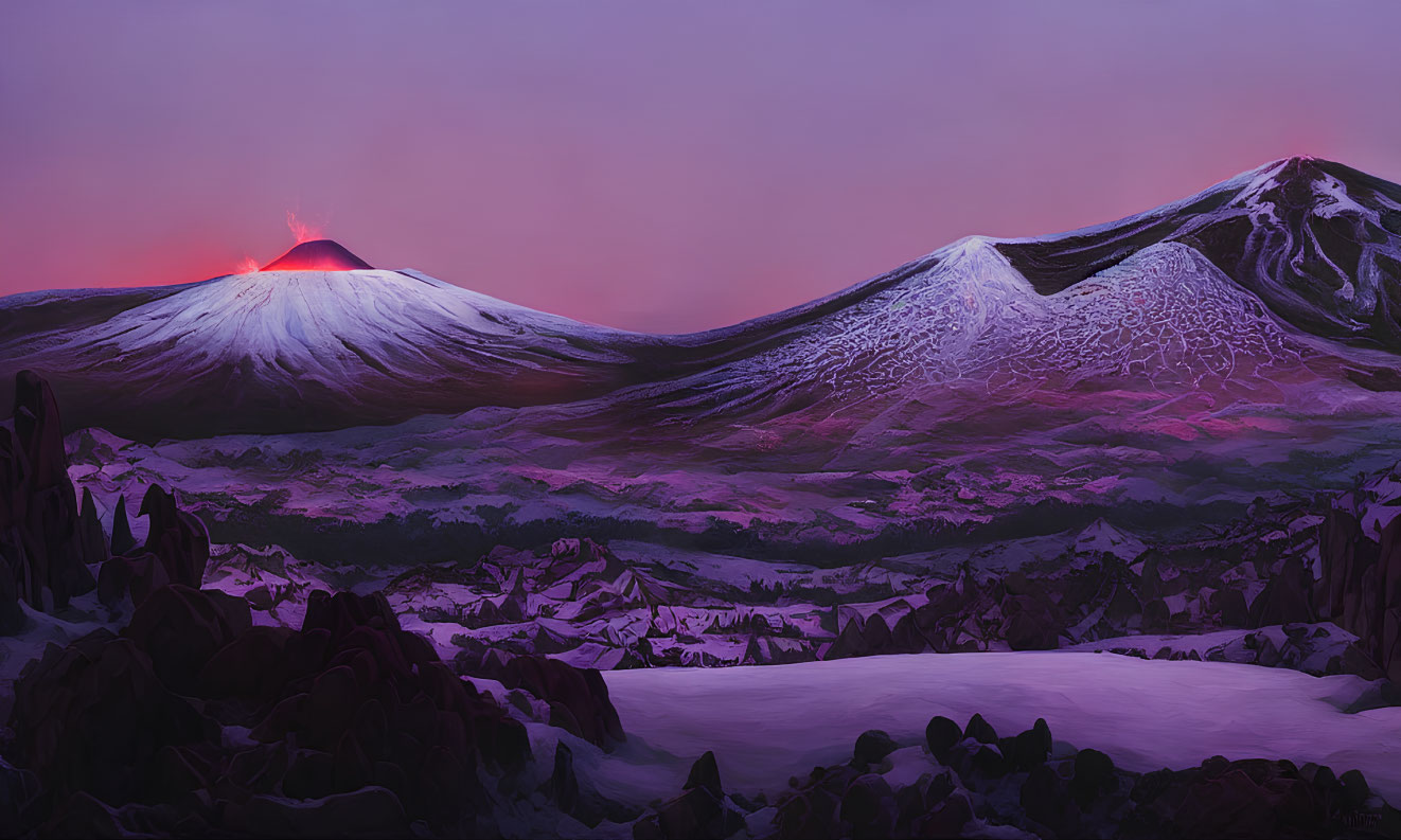 Snow-capped mountains under dusk sky with erupting peak in serene frozen landscape