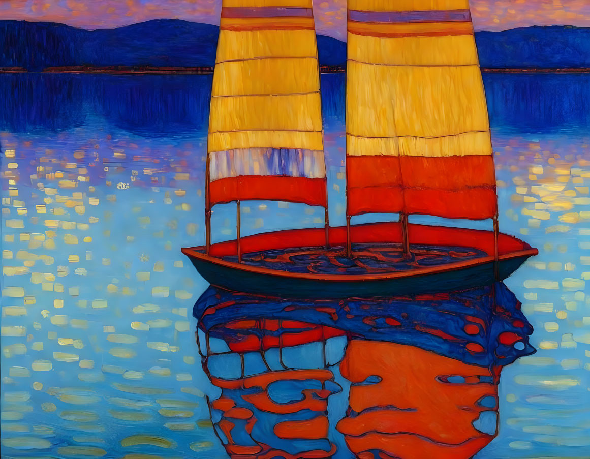 Colorful Sailboat Painting Reflecting on Blue Water at Sunset/Sunrise