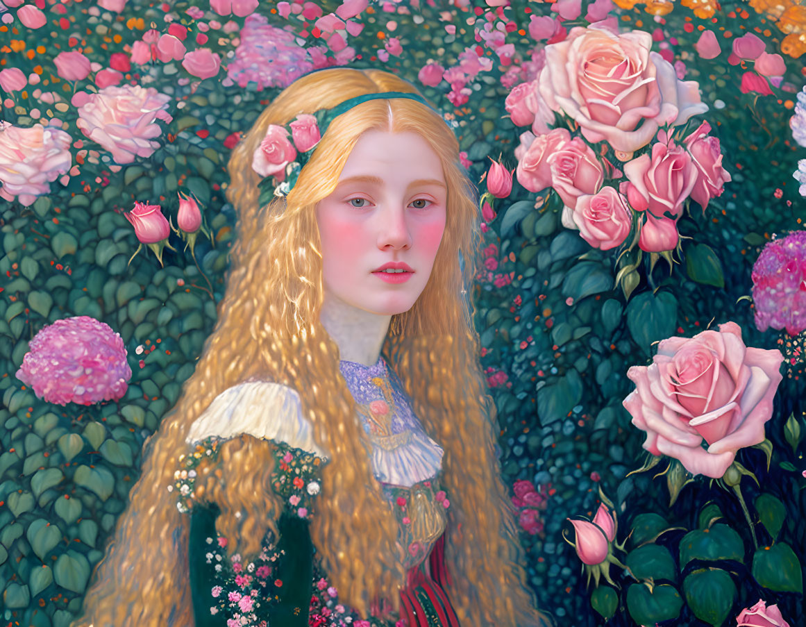 Portrait of young woman with long blonde hair in lush rose garden