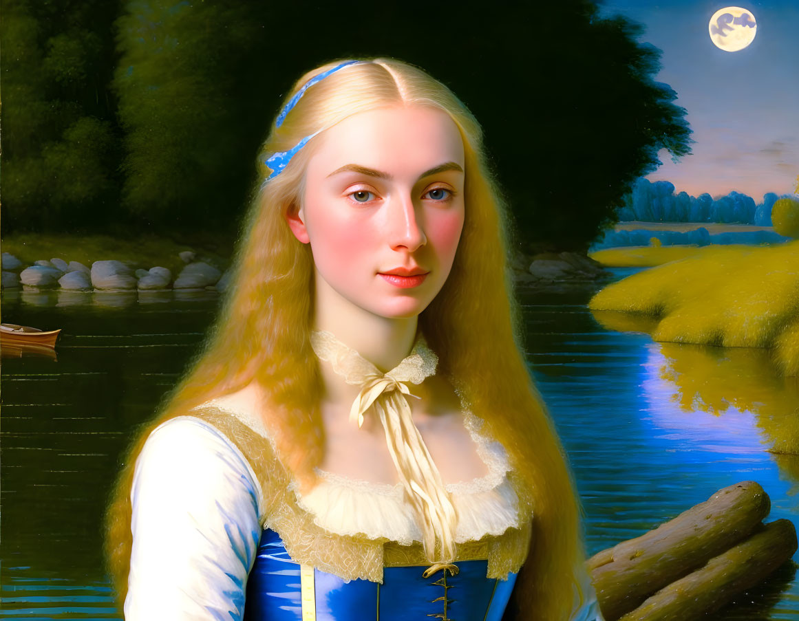 Young woman with blonde hair and blue dress by moonlit lakeside