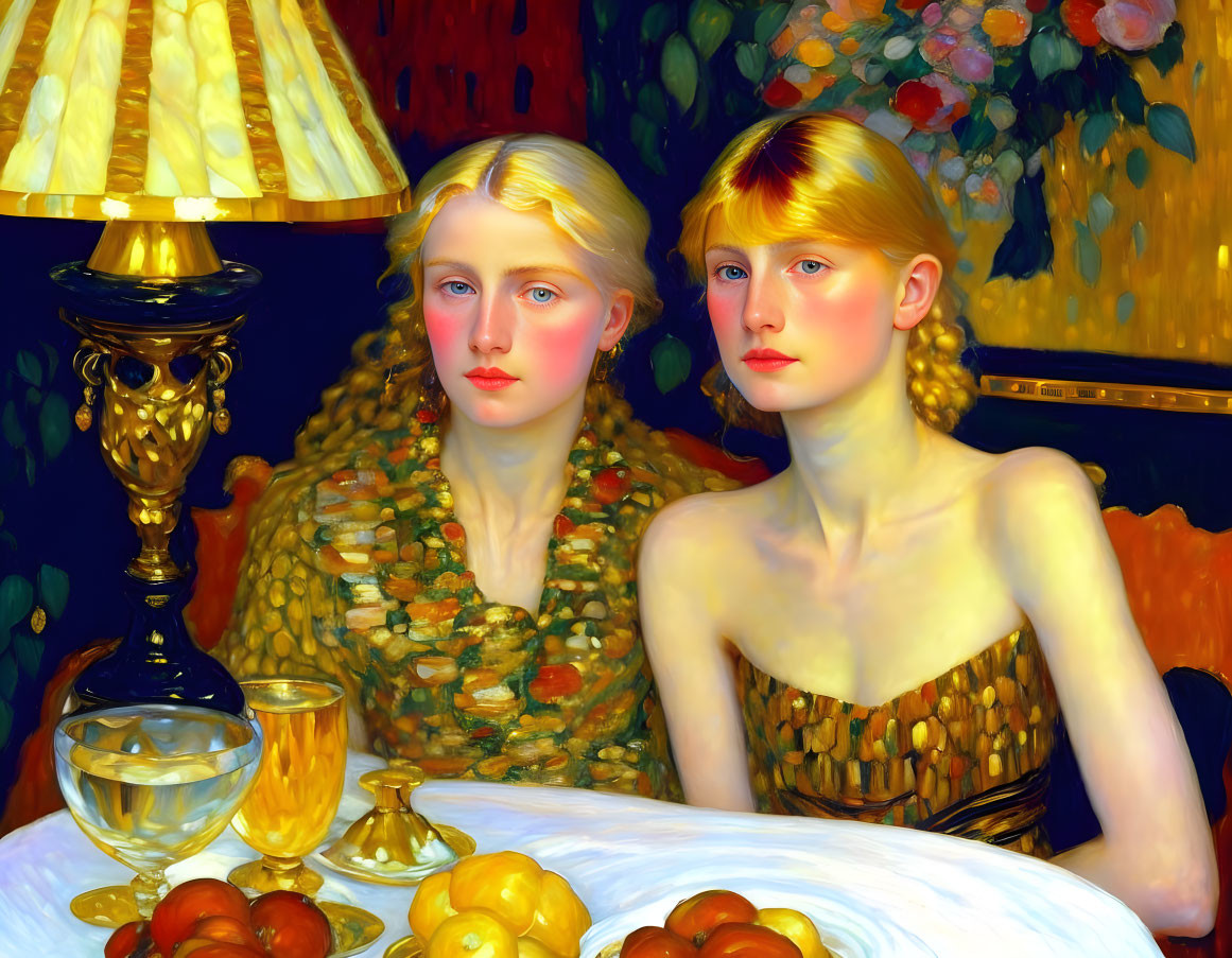 Vivid painting: Two women with golden hair at table with fruit & lamp