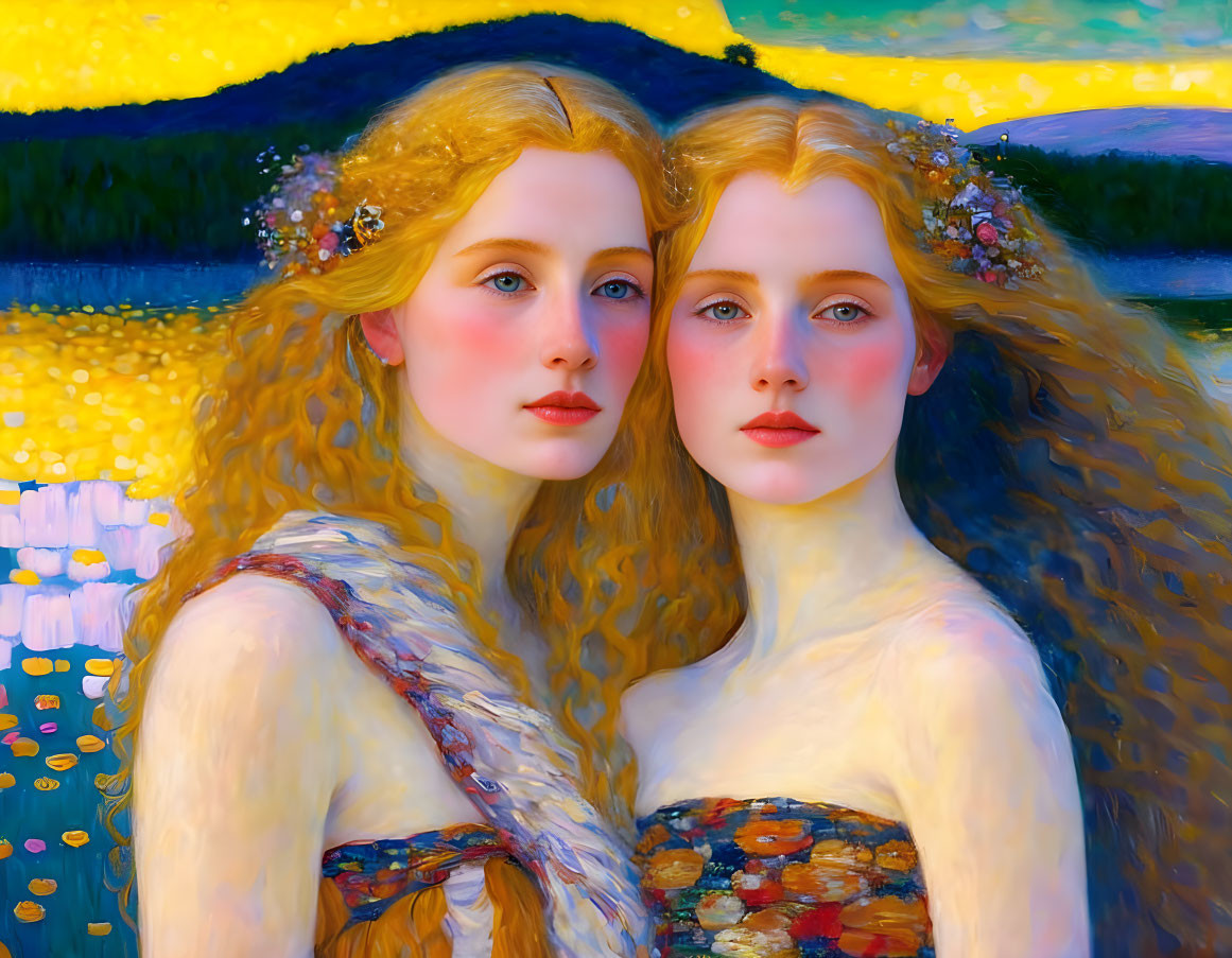 Women with Golden Hair in Colorful Attire Against Nature Backdrop