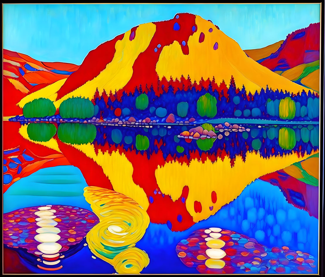 Colorful Abstract Mountain Reflection in Lake Painting with Textured Patterns