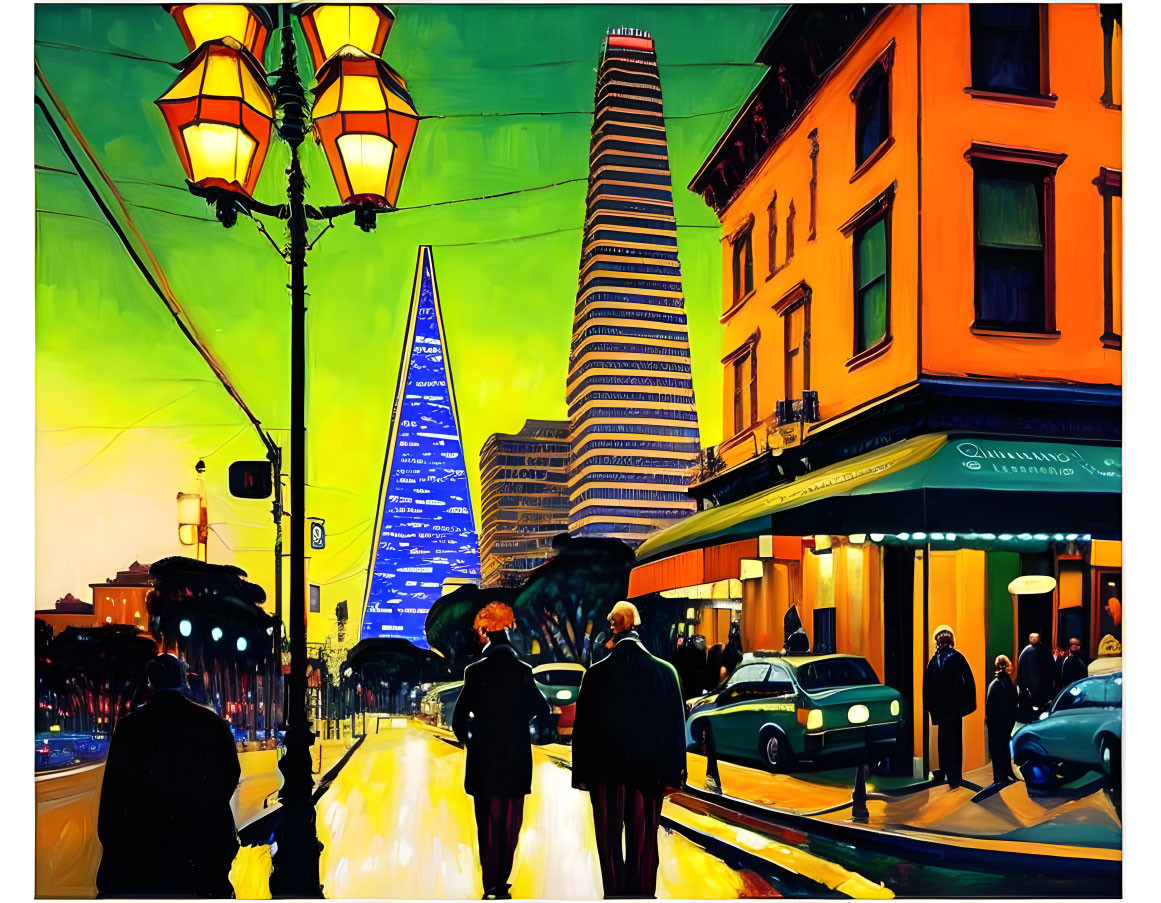 Vibrant cityscape painting with pedestrians and classic buildings