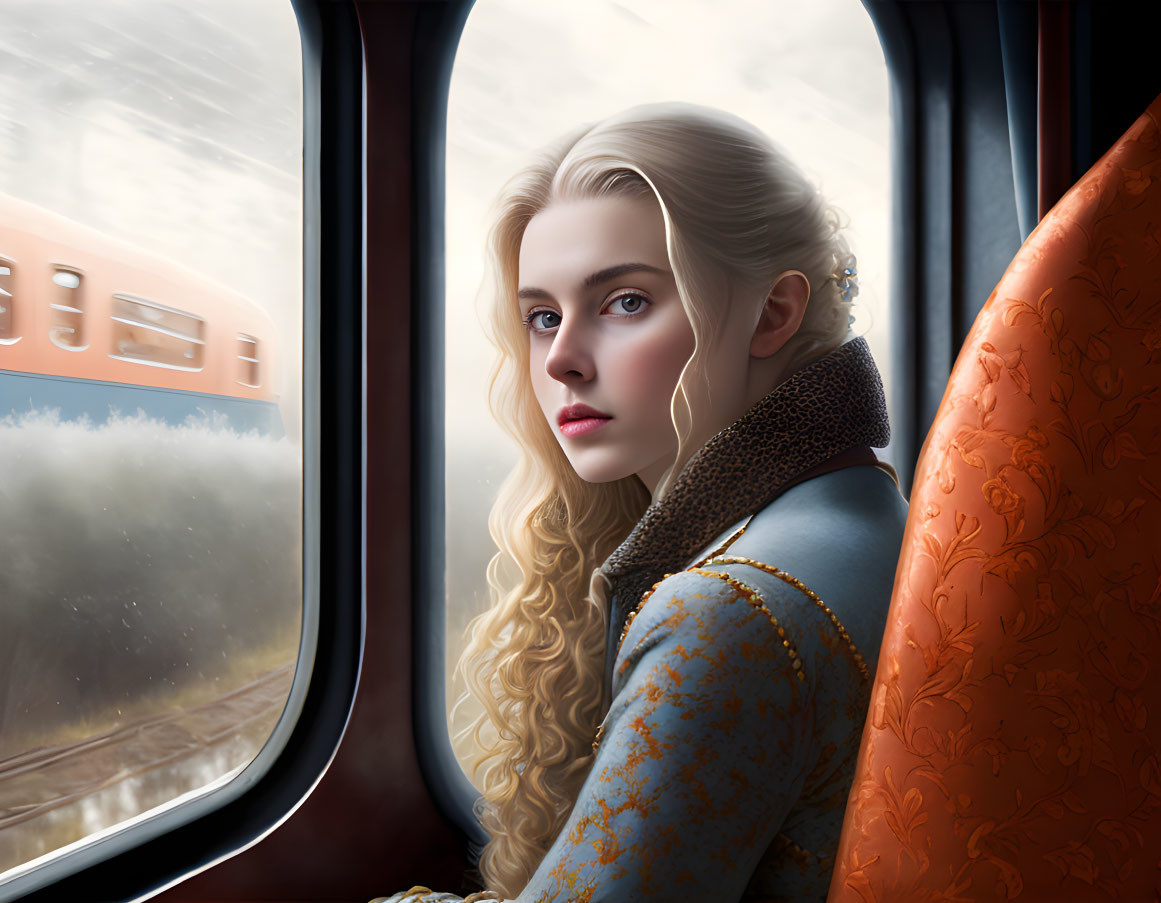 Young woman with long, curly blonde hair gazing out train window at passing train