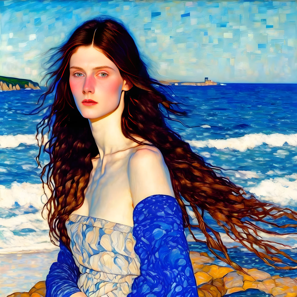 Digital artwork: Woman with red hair in blue dress against ocean backdrop