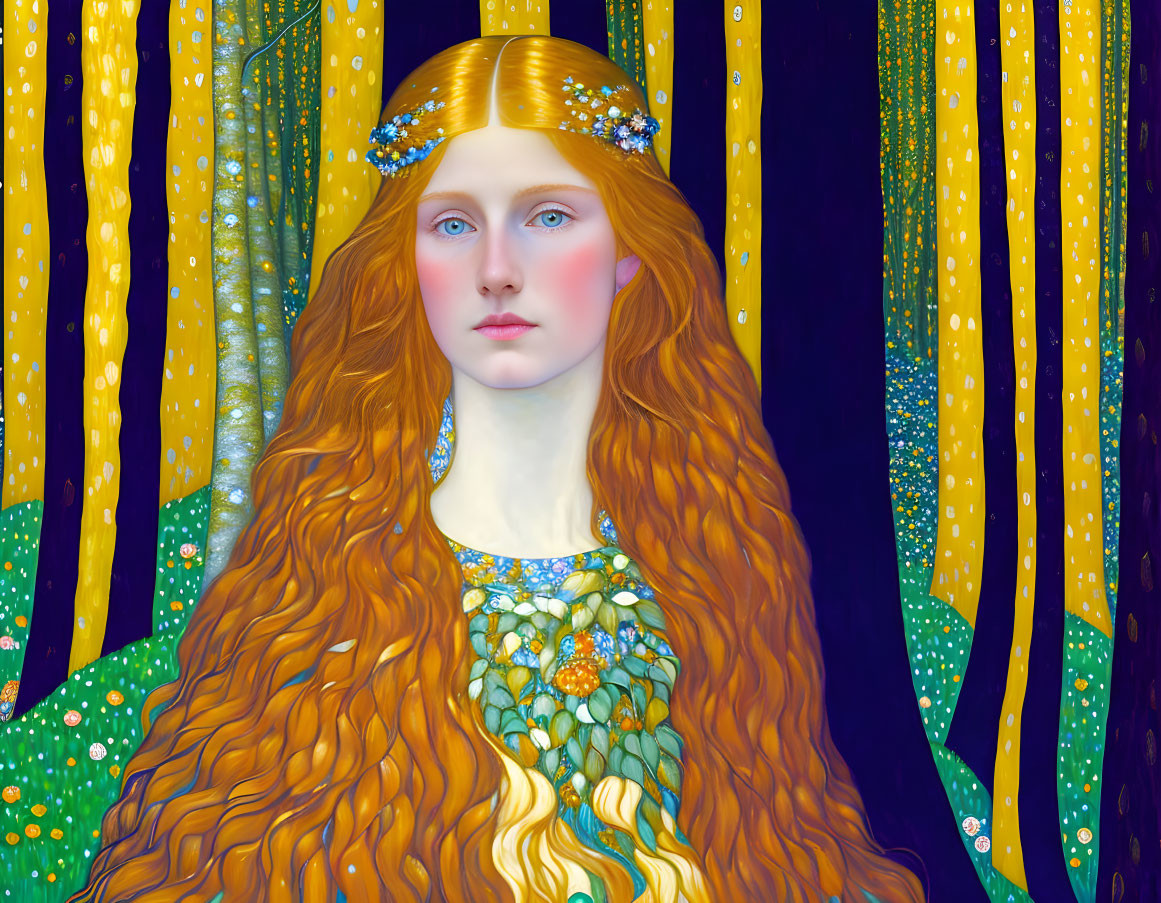 Red-haired woman with blue headpiece in golden starry forest