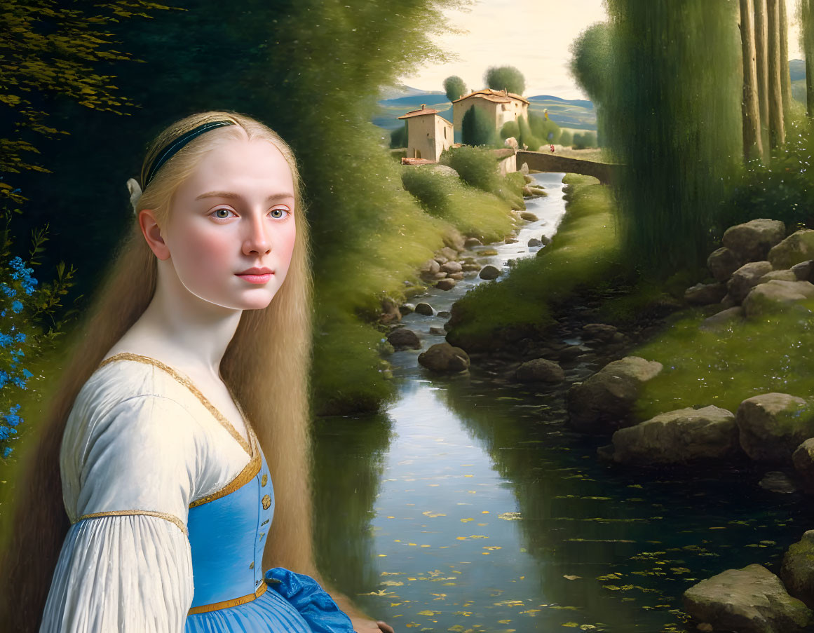 Young woman in blue and yellow Renaissance dress by serene stream and bridge