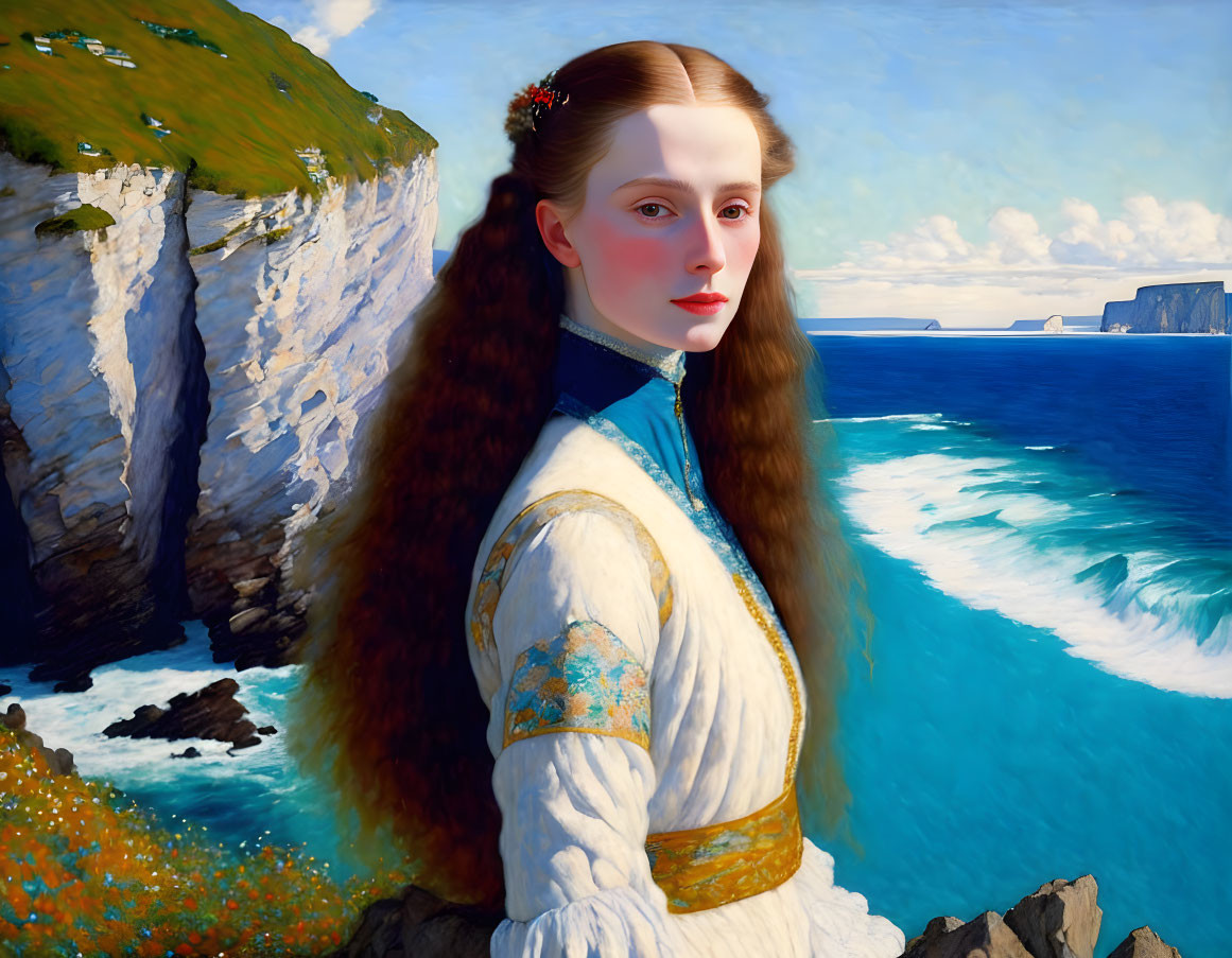 Detailed painting: Woman with auburn hair in blue dress on cliff by ocean.