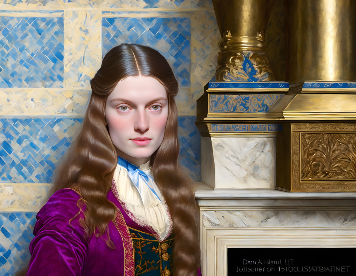 Digital artwork: Woman with long brown hair in historical purple dress by blue marble and gold fireplace