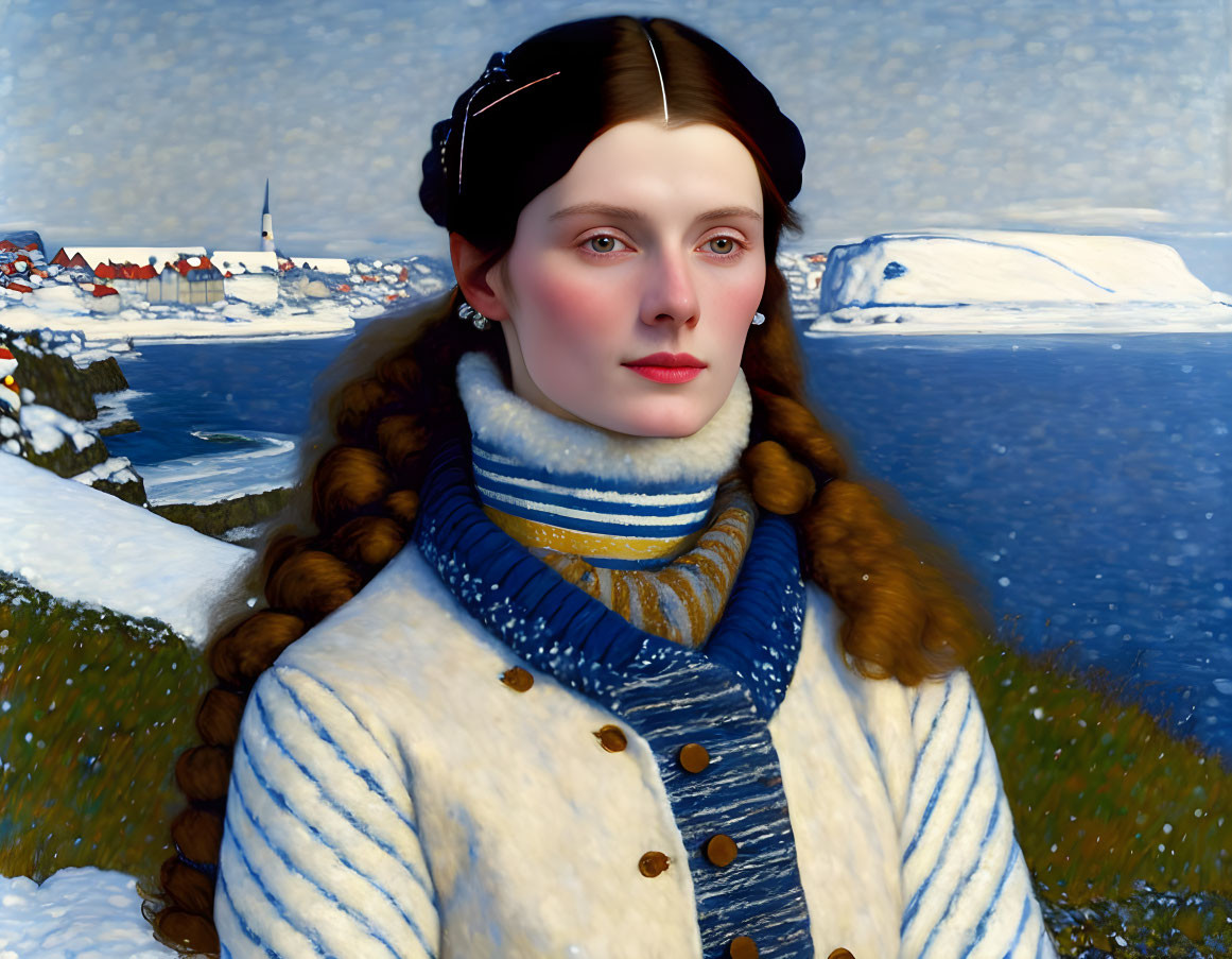 Woman with Braided Hair in White Fur Coat and Blue Scarf in Snowy Village Scene