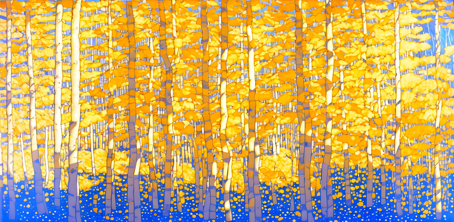 Golden aspen forest painting with clear blue sky - serene autumn scene