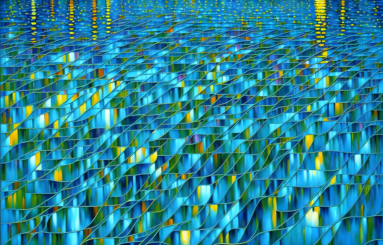 Abstract image of intersecting wavy lines in blue gradient with pops of yellow.