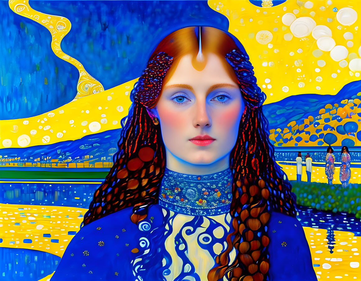 Stylized portrait of woman with red hair and blue clothing against Van Gogh-inspired starry night