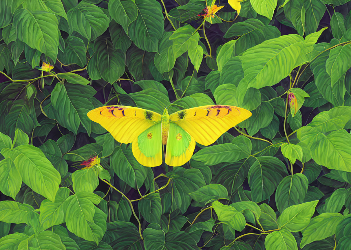 Yellow Butterfly with Black Stripes on Green Leaves and Flowers