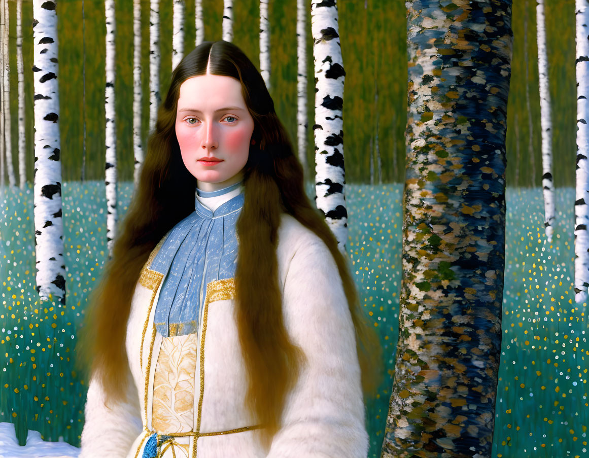 Portrait of woman with long brown hair in blue and gold traditional outfit against snowy birch trees.