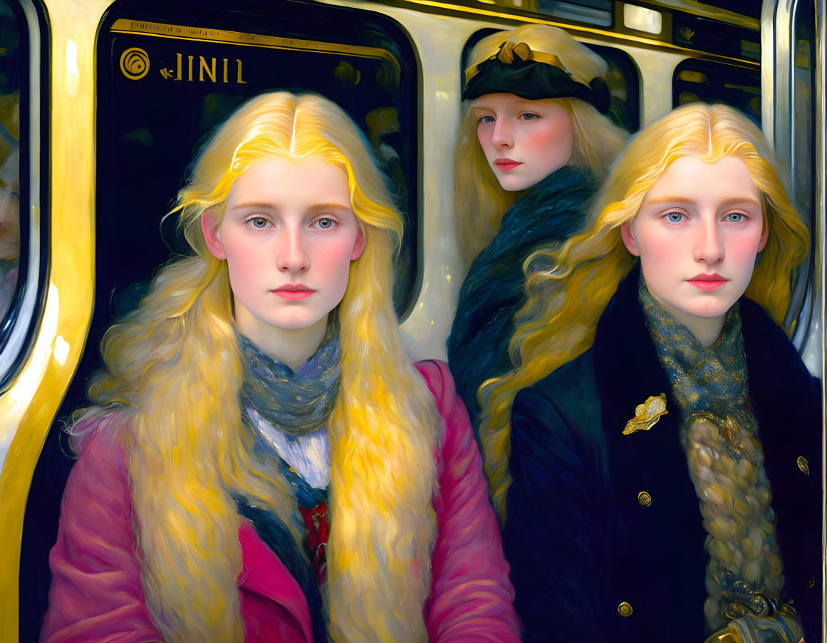 Three women with similar features and long blonde hair in train carriage reflection.