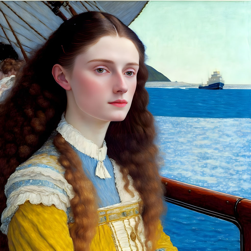 Portrait of Young Woman with Auburn Hair in Blue and Yellow Outfit by Ship on Ocean