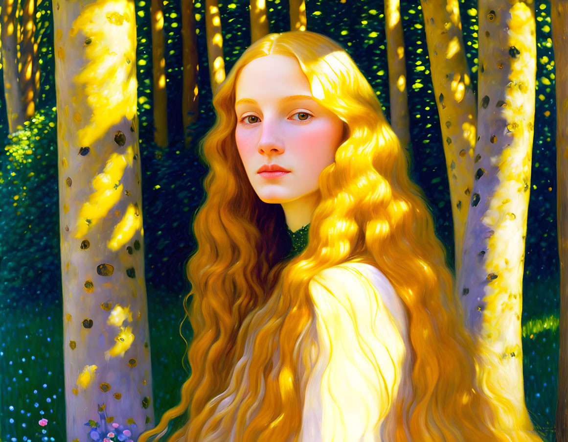 Woman with Long Golden Hair in Sunlit Forest Painting